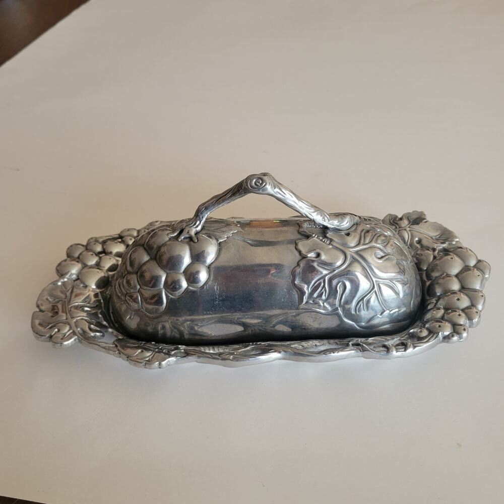 Vintage Arthur Court 2001 Aluminum Grapevine Covered Butter Dish